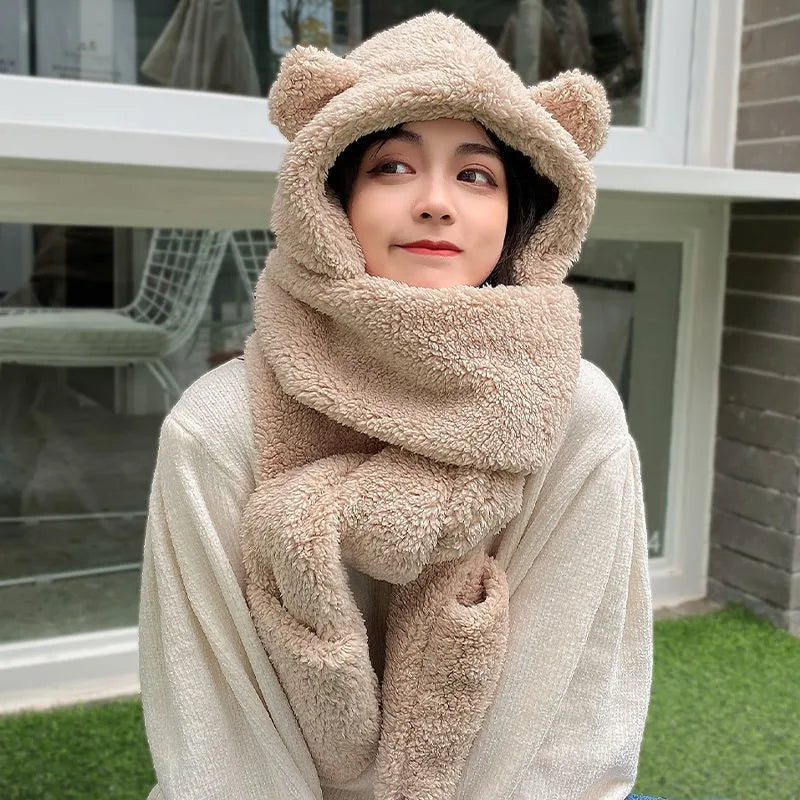 Winter Bear Earmuffs Scarf Mittens Set Thermal Plush Fleece Lined Connected Hat with Scarf and Gloves for Cold Weather Girls