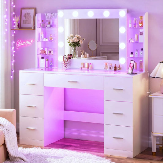 RGB Makeup Vanity Desk With Hollywood Lighted Mirror Frosted Panel & 6 Backlit Open Shelves For Bedroom, Custom