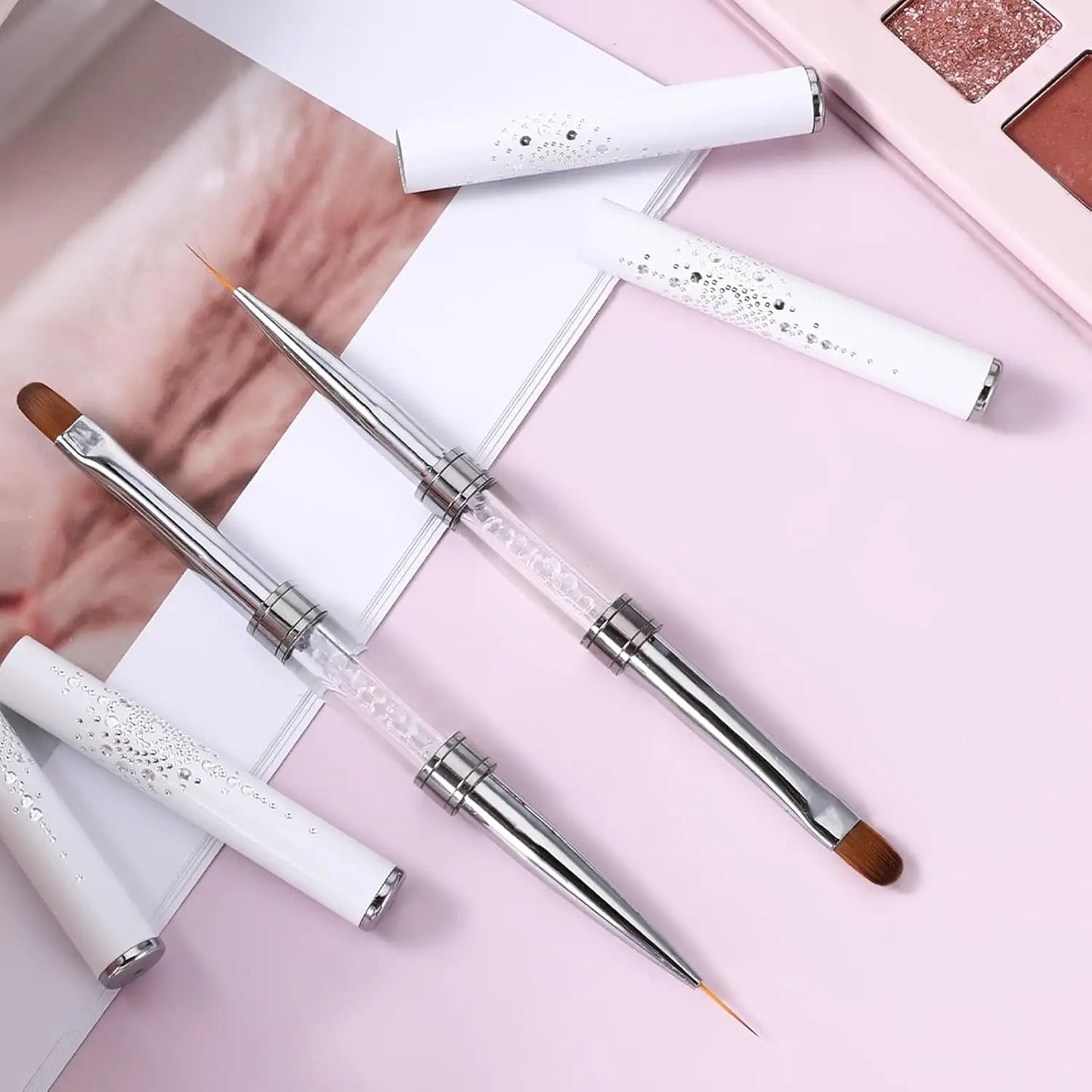1/2/3Pcs Double Ended Nail Art Brush Set Oval Gel Liner Poly Gel with Steel Pusher Rhinestone Handle French Manicure UV Gel