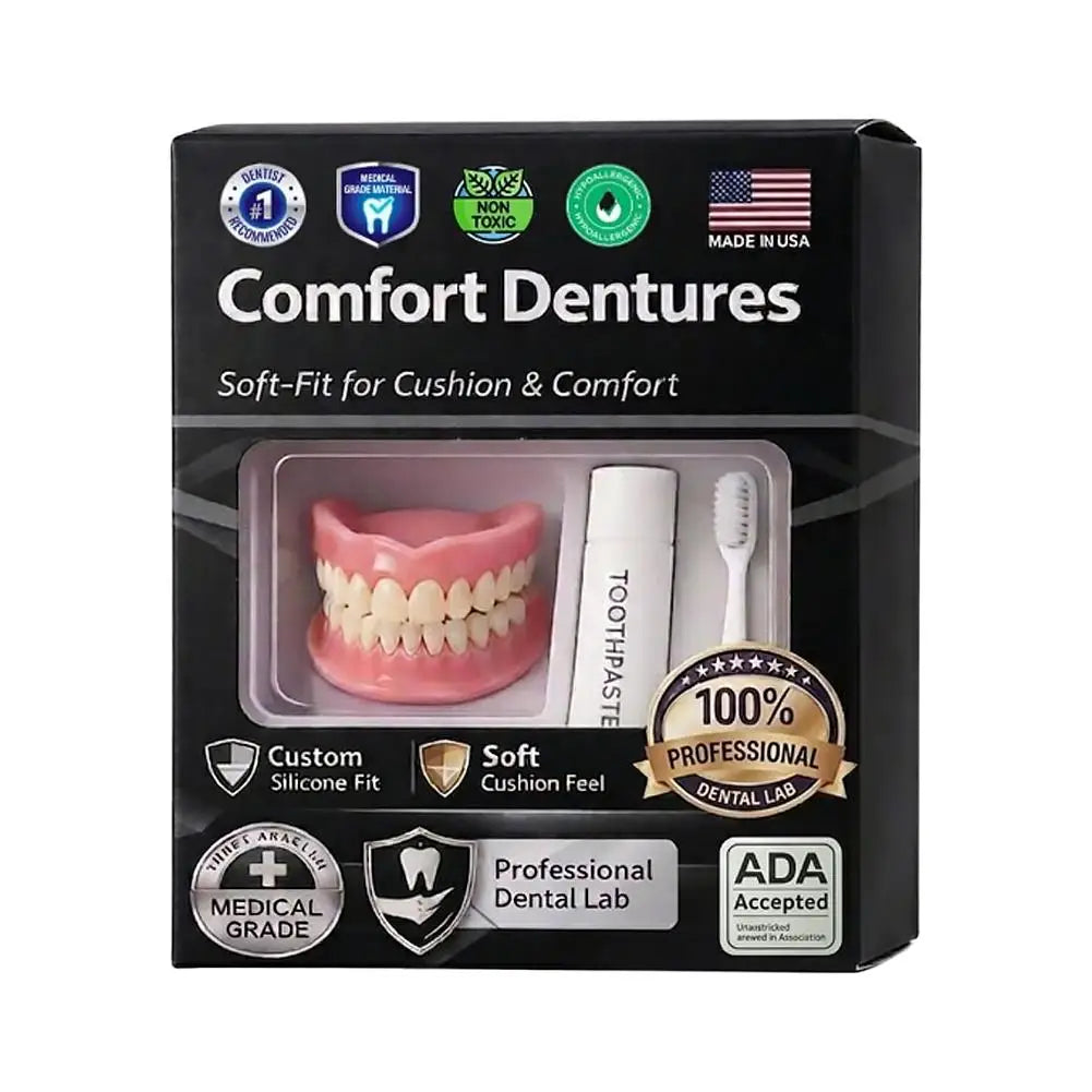 Moldable Silicone Denture Set, Upper & Lower Natural Ivory False Teeth Kit, Instant Smile with Toothbrush & Toothpaste