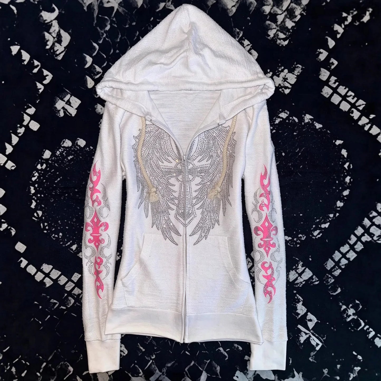 Y2K Vintage Rhinestone Hooded Jacket Women Silver Crystal Angel Wing Cross Zip Pink Flower Tribal Print Slim Fit Sweatshirt