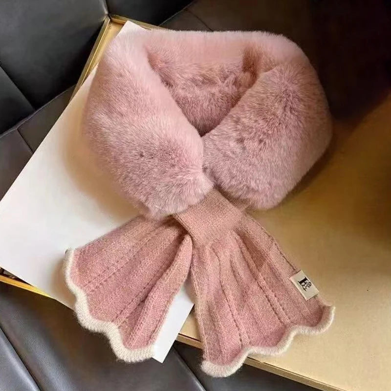 Winter Warm Cross Collar Women Scarf; Plush Thick Imitation Rabbit Fur; Windproof Neck Warmer for Outdoor Cycling