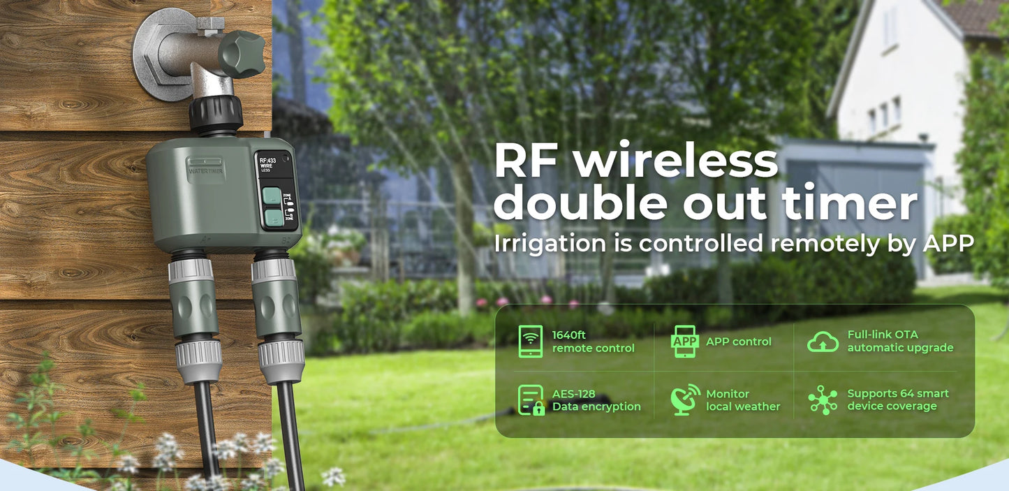 Tuya Wifi+RF433 2 Outlet Smart Garden Watering Timer Drip Irrigation Controller Rainfall Delay Programmable Works with Tuya