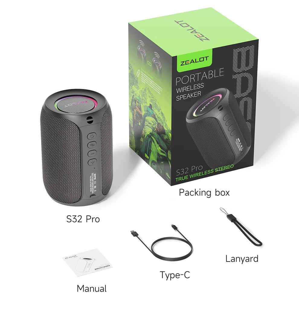 ZEALOT-S32PRO Powerful Bluetooth Speaker, Bass Wireless, LED Light, Outdoor Speakers, Subwoofer, Waterproof Sound Box Support
