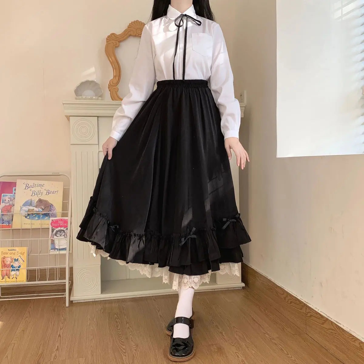 Black / White Long Skirts Y2K Vintage Lace Ruffled Pleated Goth Skirts Women Japanese Kawaii Preppy Style Korea Gothic Clothing