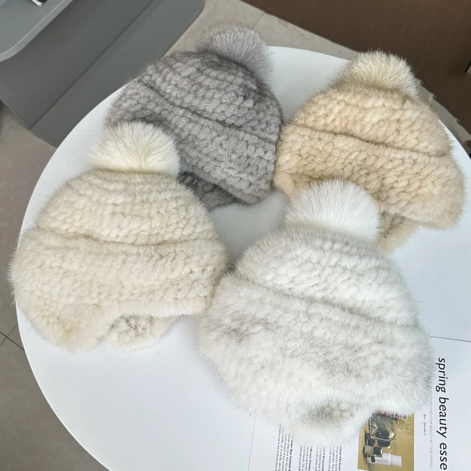 New Winter Ladies Real Mink Fur Hat Warm Thickened Ear Protection Knitted Cap Ladies Winter Fashion Accessories