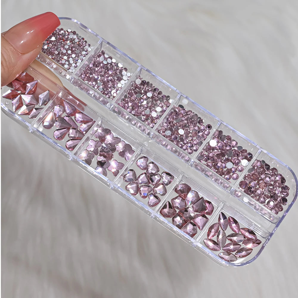 12Grids 3D Gold/Champagne Nail Art Rhinestones Mixed-Shapes Flat-Back Glass Diamonds Nails Charms Luxury DIY Manicure Decoration