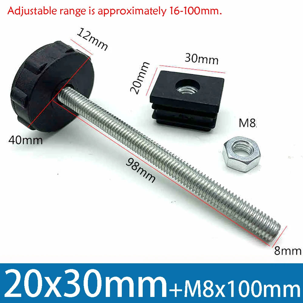 1-10Pcs Table Leg Plug With Nut and Adjustable Feet M8/M0x50/100mm Black Square/Round Furniture Rack Height Adjustable Foot Cup