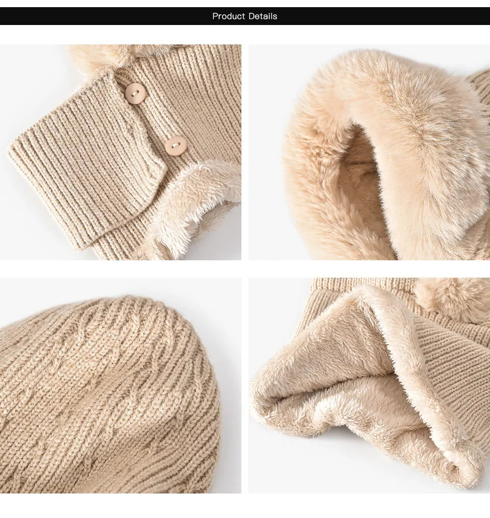 BeauToday Winter Knitted Hat Women Faux Fur Ear Protection Beanies Female Hooded Neck Collar Adjustable Earflap Caps 96502