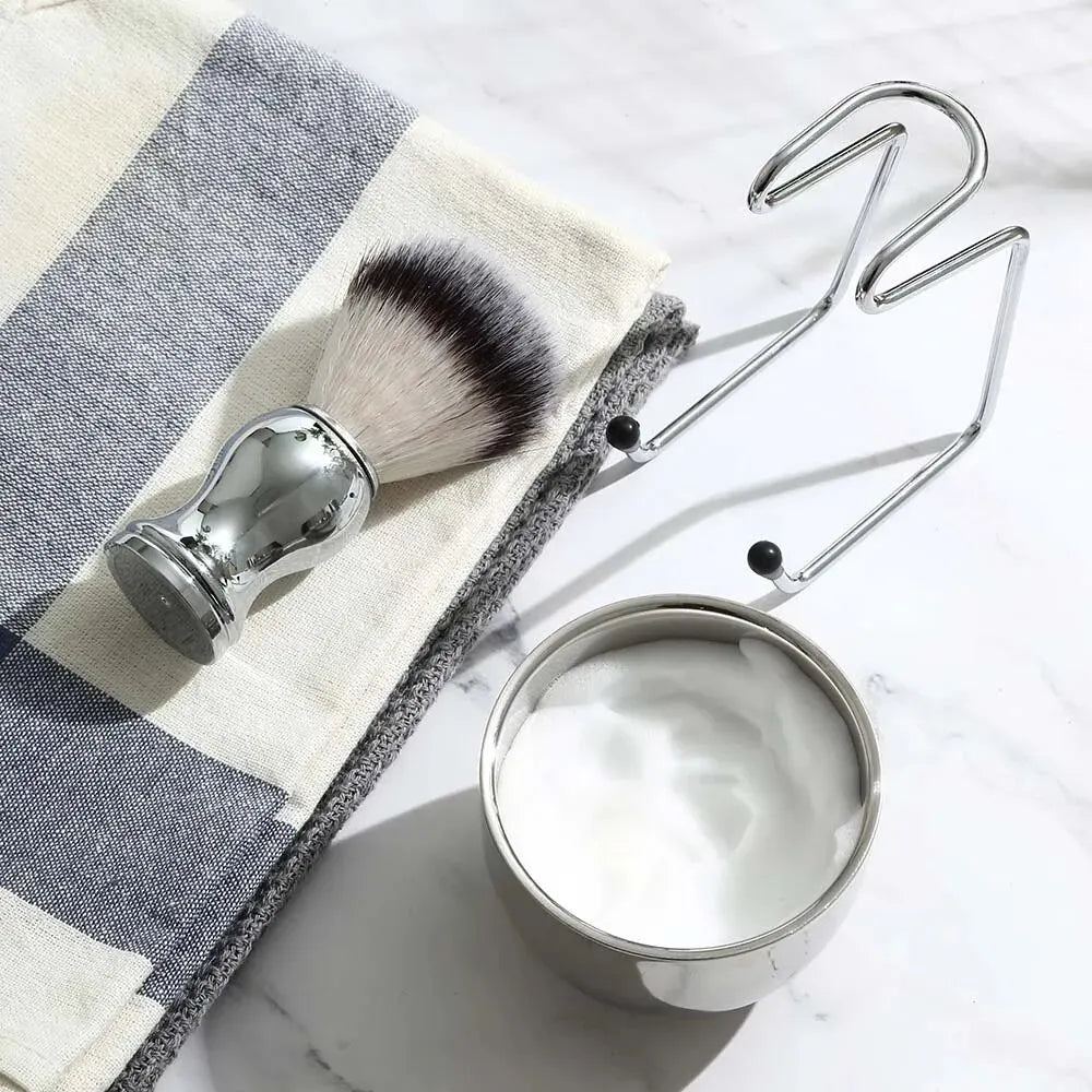 3in1 Vegan Style Synthetic Badger Hair Shaving Brush, Stainless Steel Shaving Soap Bowl and Brush Holder Stand Set for Men