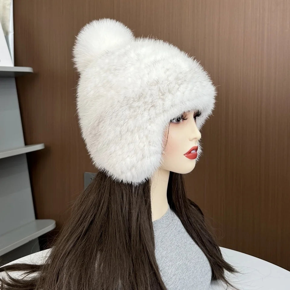 New Winter Ladies Real Mink Fur Hat Warm Thickened Ear Protection Knitted Cap Ladies Winter Fashion Accessories