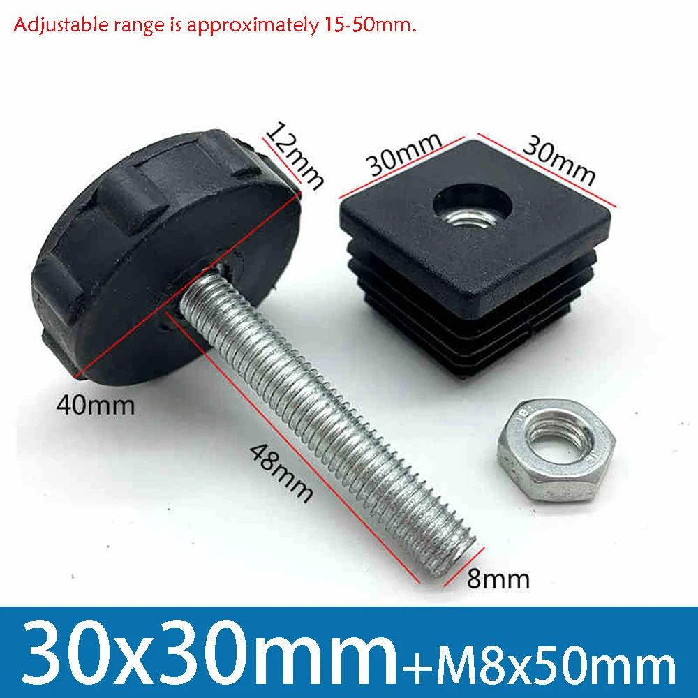 1-10Pcs Table Leg Plug With Nut and Adjustable Feet M8/M0x50/100mm Black Square/Round Furniture Rack Height Adjustable Foot Cup