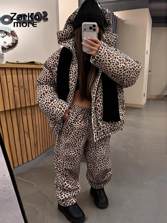 Street Women's Leopard Printed Cotton Pants Set Loose Hooded Full Sleeve Padded Jacket Elastic Waist Pant 2026 Winter Lady Suits