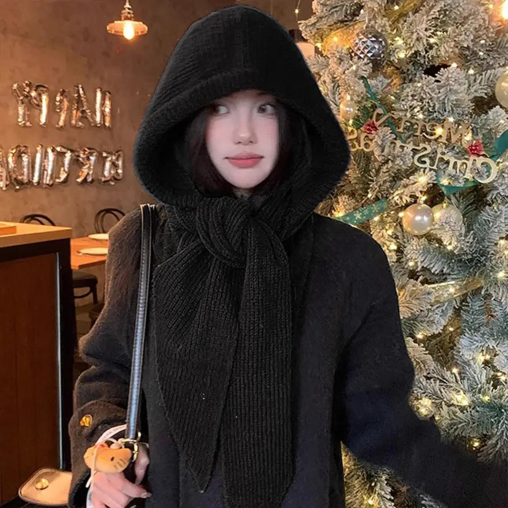 Winter Hats for Women Knitted Polyester Hooded Scarf Hat for Women Balaclava Knit Skull Cap Beanie Hat