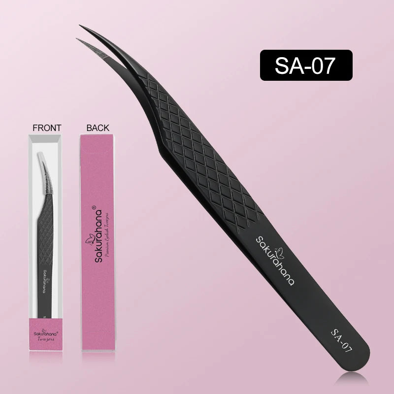 SAKURAHANA High-end Eyelash Tweezers Black Fiber Tip For Lash Extensions Mega Volume Mink Lashes Tool Straight Head Curved Tip