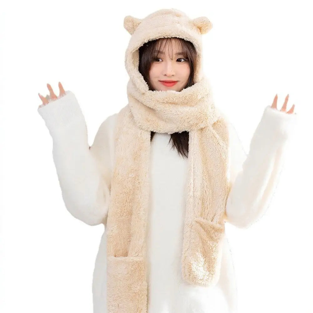 Winter Cute Bear Hat Scarf Gloves Set Plush Thickened Warm Ear Protection Hooded Beanie Shawl Mittens Cozy Daily Accessory