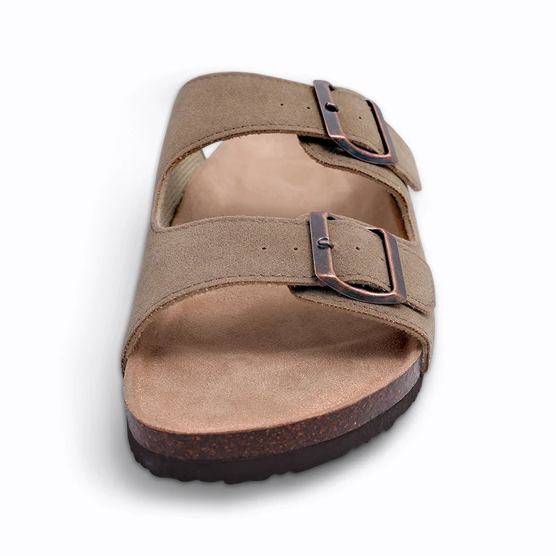 Comwarm Men's Cork Footbed Slides Sandals Arch Support Summer Outdoor Sandals with Adjustable Buckle Leisure Men Leather Slides