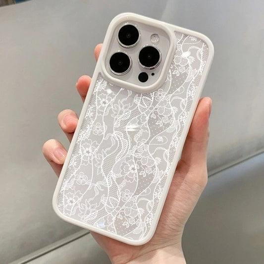 White Floral Lace Transparent Phone Case For iPhone 17 16 15 14 13 12 11 Pro Max Elegant Vintage Pattern Frame Protective Cover
