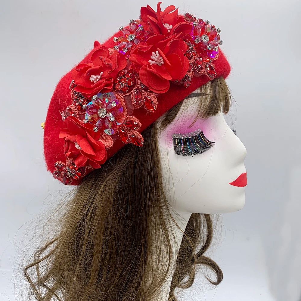 Winter Unique Designer Berets for Women Luxury Rhinestone Bouquet Turban Cap Exaggerated Painter Hat Female Winter Headpiece