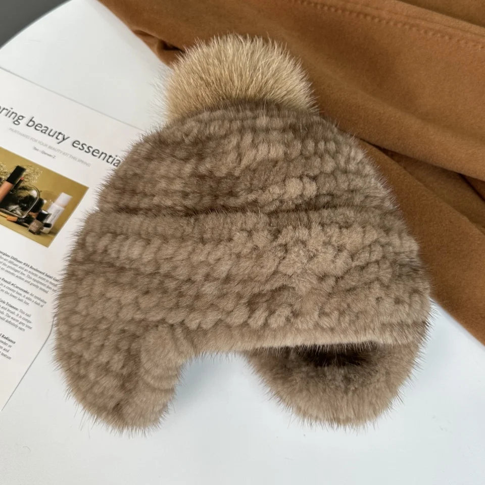 New Winter Ladies Real Mink Fur Hat Warm Thickened Ear Protection Knitted Cap Ladies Winter Fashion Accessories