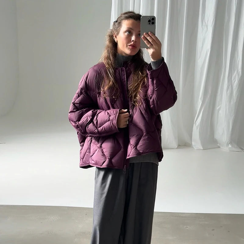 Women Diamond Quilted Puffer Jacket Stand Collar Zip Up Loose Oversized Short Coat 2026 Autumn Winter Casual Street Outerwear