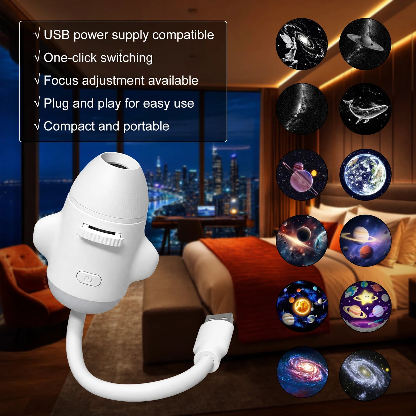 2-in-1 USB Galaxy Projection Light Adjustable Focus Ambient Star Projector Lights Car Projection Lamp Space Moon Night Light