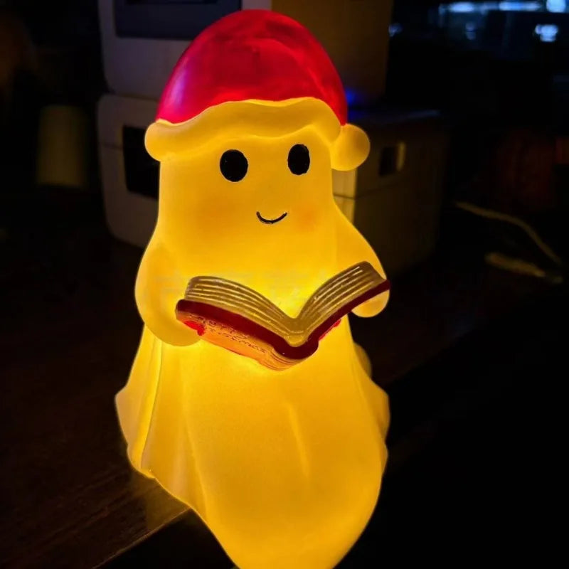Cute Ghost Reading Book Night Light - Spooky Halloween Decor for Bedroom, Kids Room, Party Ornament, USB Rechargeable LED Lamp