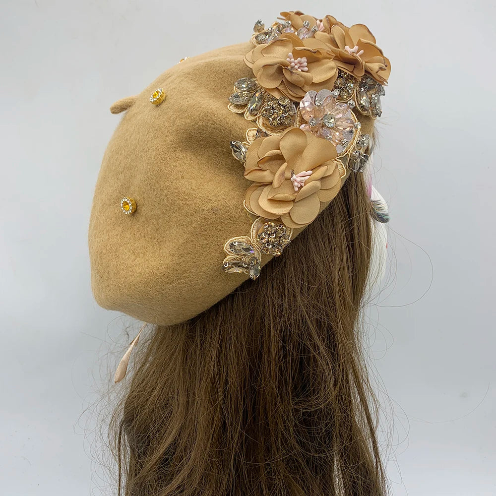 Winter Unique Designer Berets for Women Luxury Rhinestone Bouquet Turban Cap Exaggerated Painter Hat Female Winter Headpiece