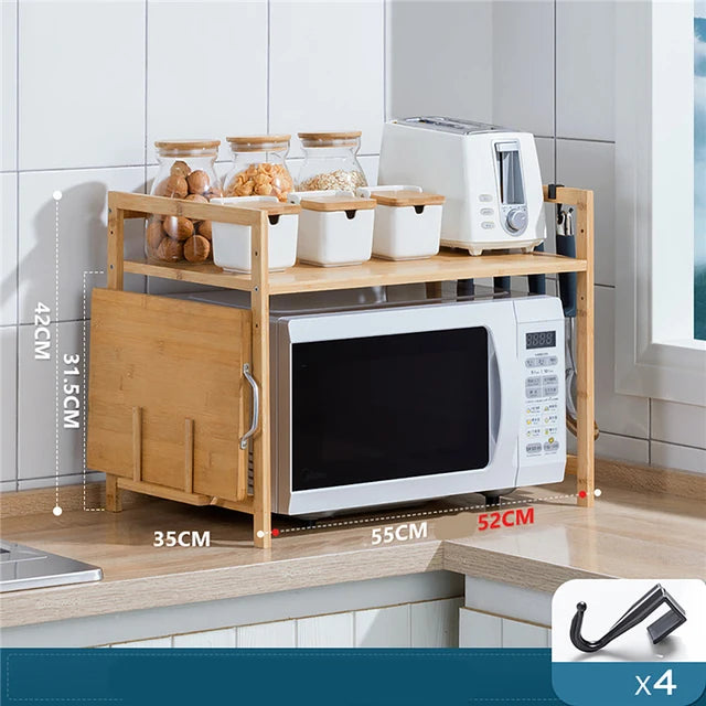 New Kitchen Countertops Storage Shelf Multi-Layer Bamboo Adjustable Microwave Oven with Hanging Hook Chopping Board Holder