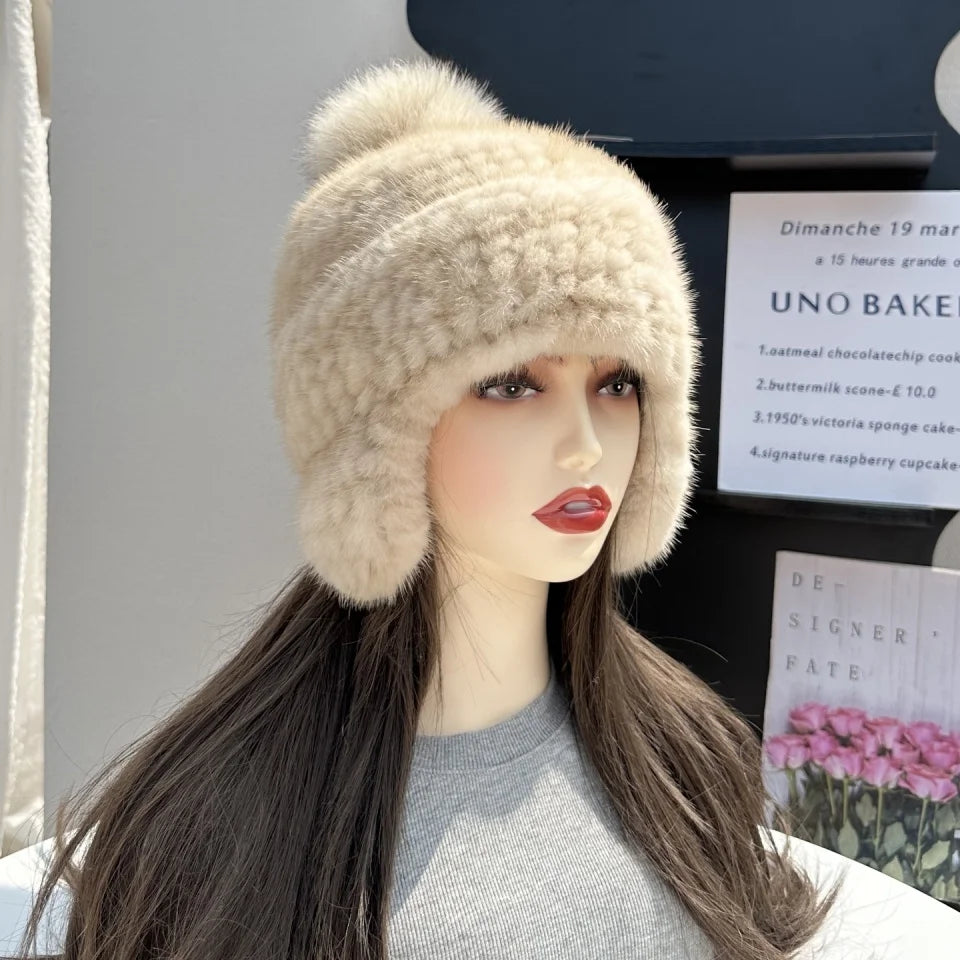 New Winter Ladies Real Mink Fur Hat Warm Thickened Ear Protection Knitted Cap Ladies Winter Fashion Accessories