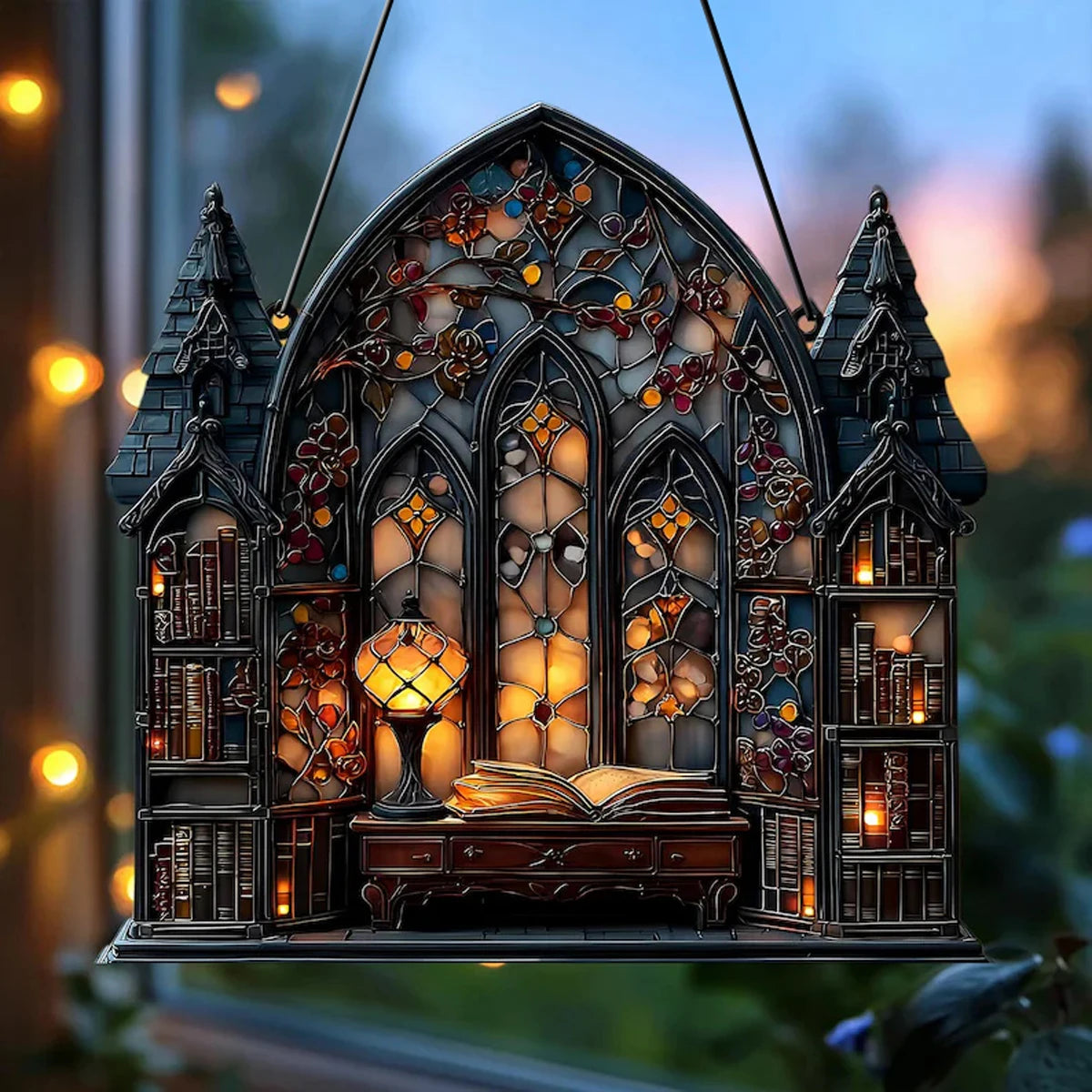 Halloween Gothic House Hanging Decor Acrylic Building Shape with Book & Lantern Design Window Pendant Art Wall Ornament for Home