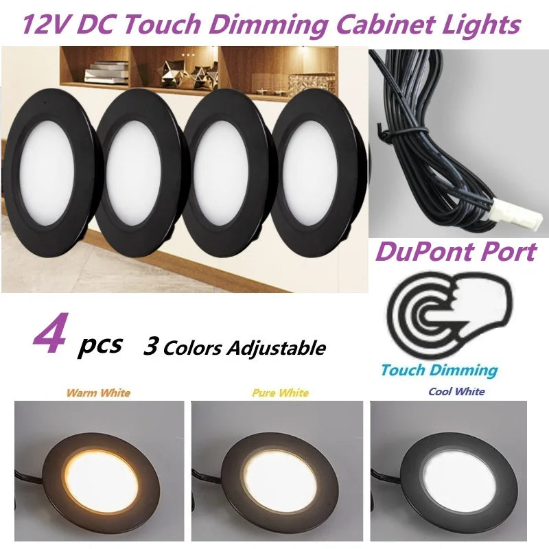 Φ68mm 12V DC Touch Dimming Cabinet Lights,3Colors Dimmer LED Down Lamp, Embedded Installation with Shrapnel for Camper,Yacht,RV