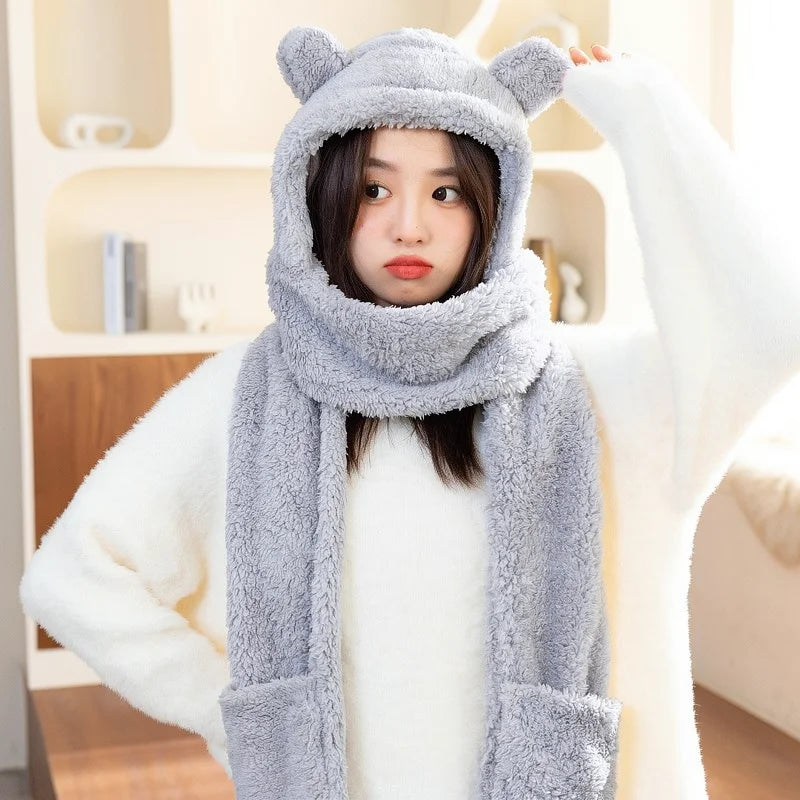 Winter Cute Bear Hat Scarf Gloves Set Plush Thickened Warm Ear Protection Hooded Beanie Shawl Mittens Cozy Daily Accessory