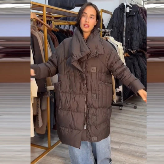 Women's Padded Long Cotton Coat Stand Collar Puffy Thick Warm Outwear 2026 Winter New Chic Commute Oversized Casual Lady Jacket