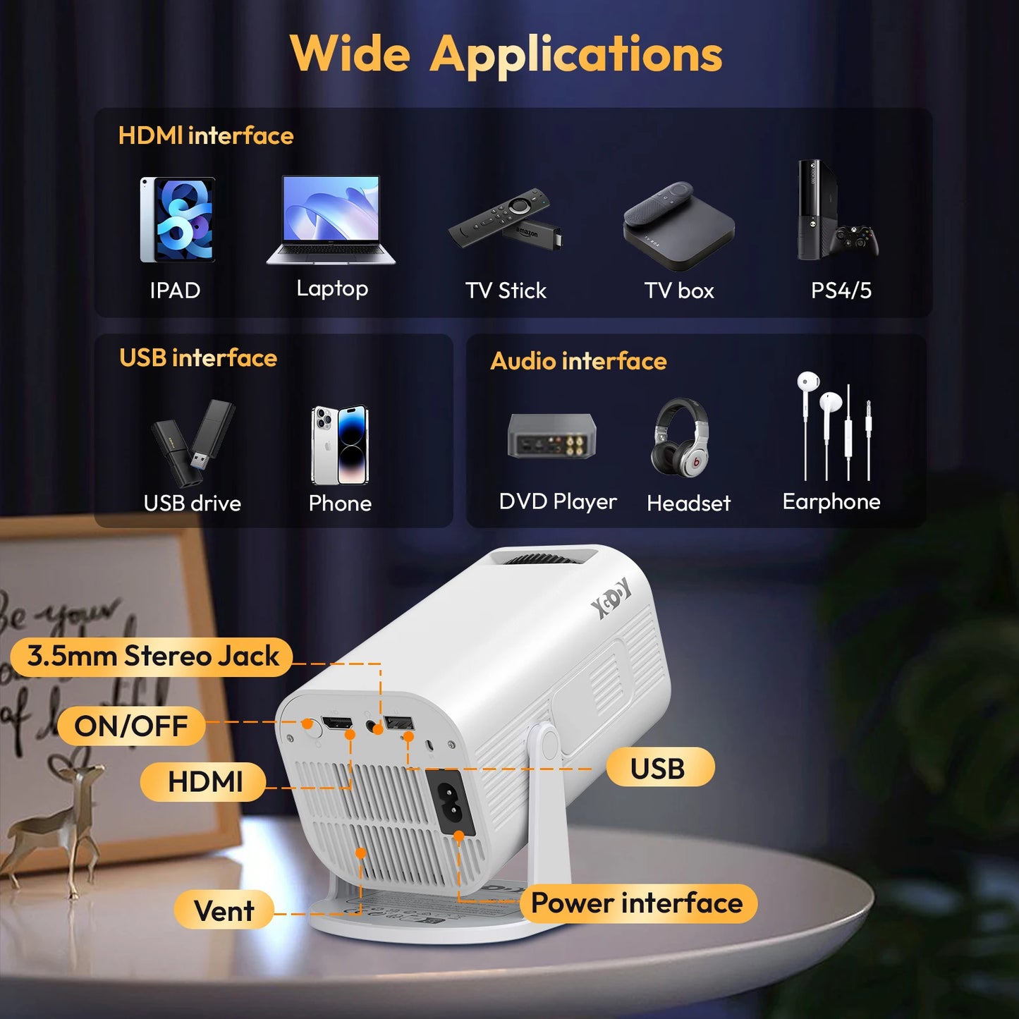 XGODY Gimbal 3 Pro Mini Smart Projector, 300 ANSI, Native 720P, Android 14, WiFi 6 & BT 5.4, Auto Keystone Correction, Wireless Screen Mirroring, 20-120 Inch HD Home Theater Projector for Bedroom Movies Gaming, Support HDMI U