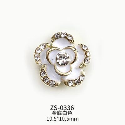 10PCS Glossy White Black Dimaonds Pearls Gold Edge Camellia Rose Flowers Metal Nail Art Rhinestones Jewelry Manicure Decorations