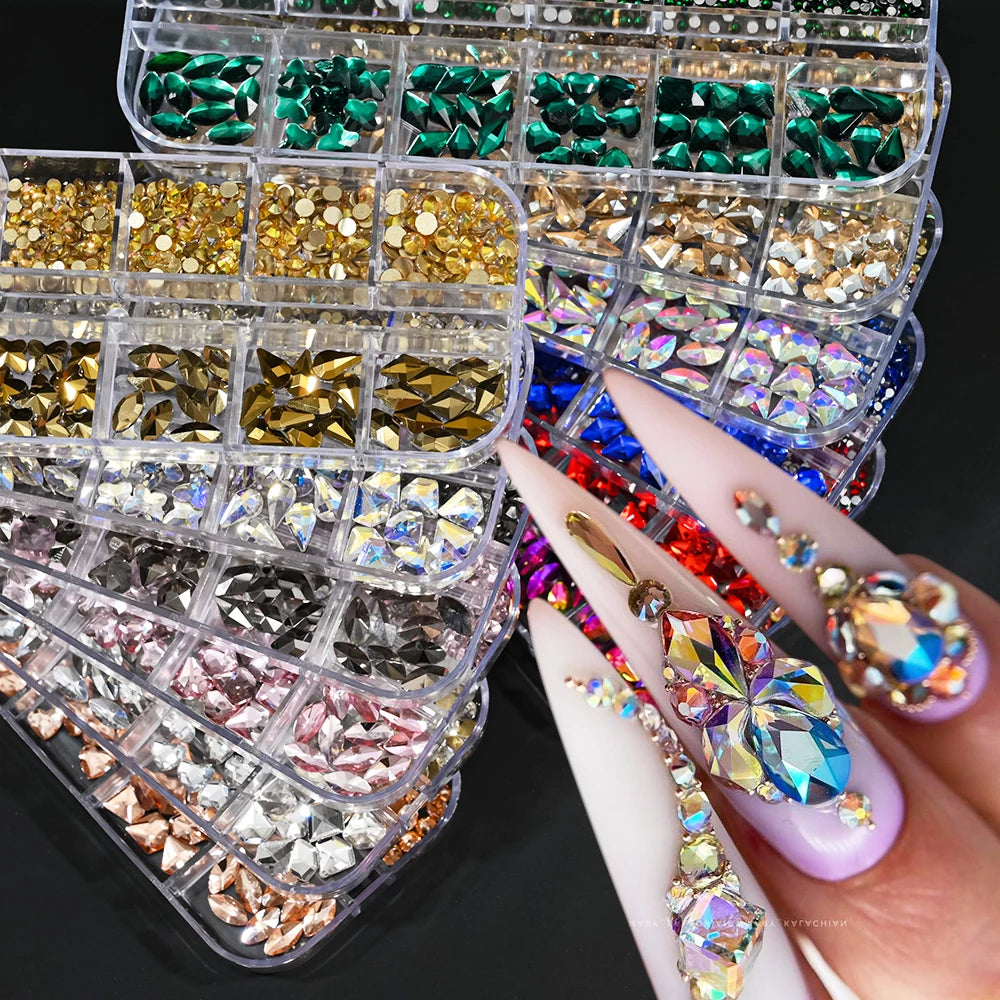 12Grids 3D Gold/Champagne Nail Art Rhinestones Mixed-Shapes Flat-Back Glass Diamonds Nails Charms Luxury DIY Manicure Decoration