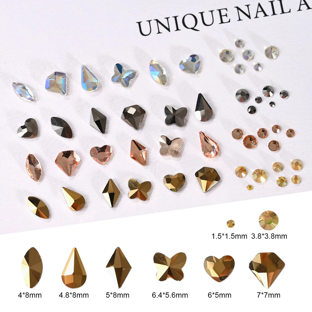 12Grids 3D Gold/Champagne Nail Art Rhinestones Mixed-Shapes Flat-Back Glass Diamonds Nails Charms Luxury DIY Manicure Decoration