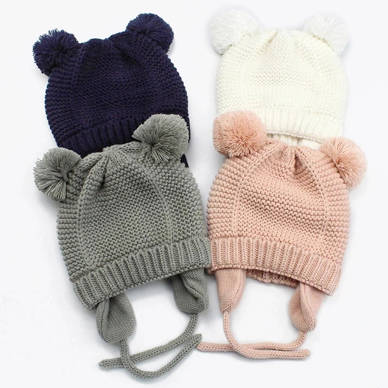 Winter Baby Hat for 0-12month Boy Girls Accessories Knited Cap Kids Hat Fleece Warm Gloves Thick Winter Ear Kids Hat Baby Bonnet