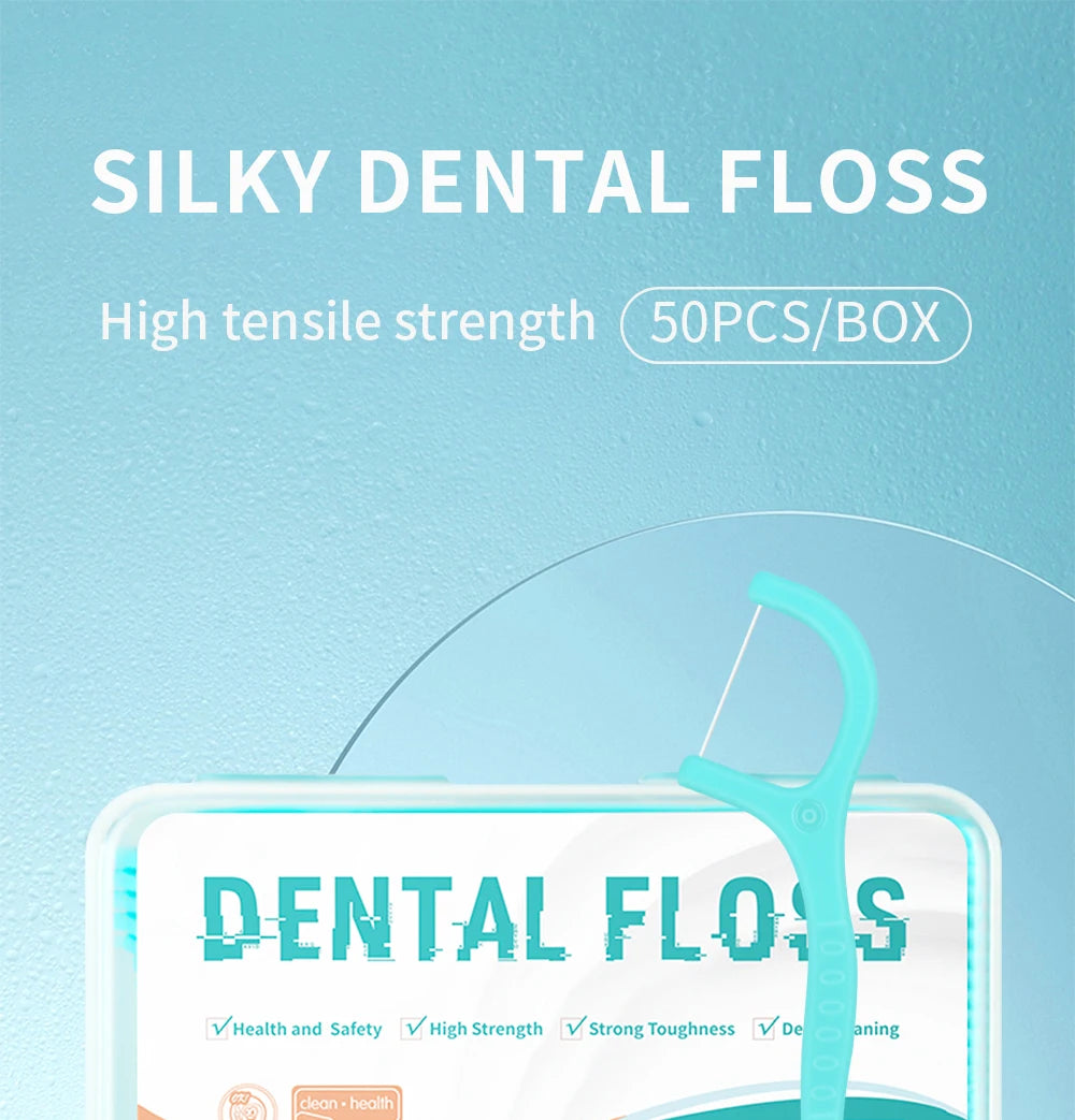 Kingubznis-Dental Floss, Plastic Toothpicks with Threads, Soft Dental Flosser, Elastic Silk with Sticks, Ultrathin, 50Pcs