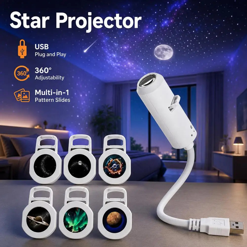 Mini USB Galaxy Projection Light Adjustable Focus Ambient Star Projector Lights Car Projection Lamp Space Moon Night Light