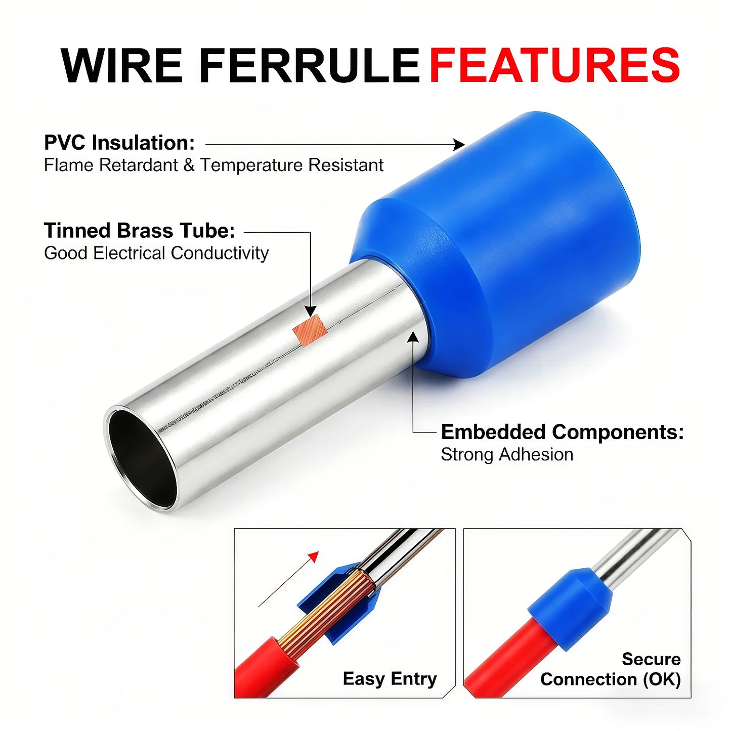 100PCS Insulated Cord End Terminals, AWG 22-6 Wire Ferrules Crimp Connectors, E7508/E1008/E1508/E2508/E4009/E6012/E10-12/E16-12