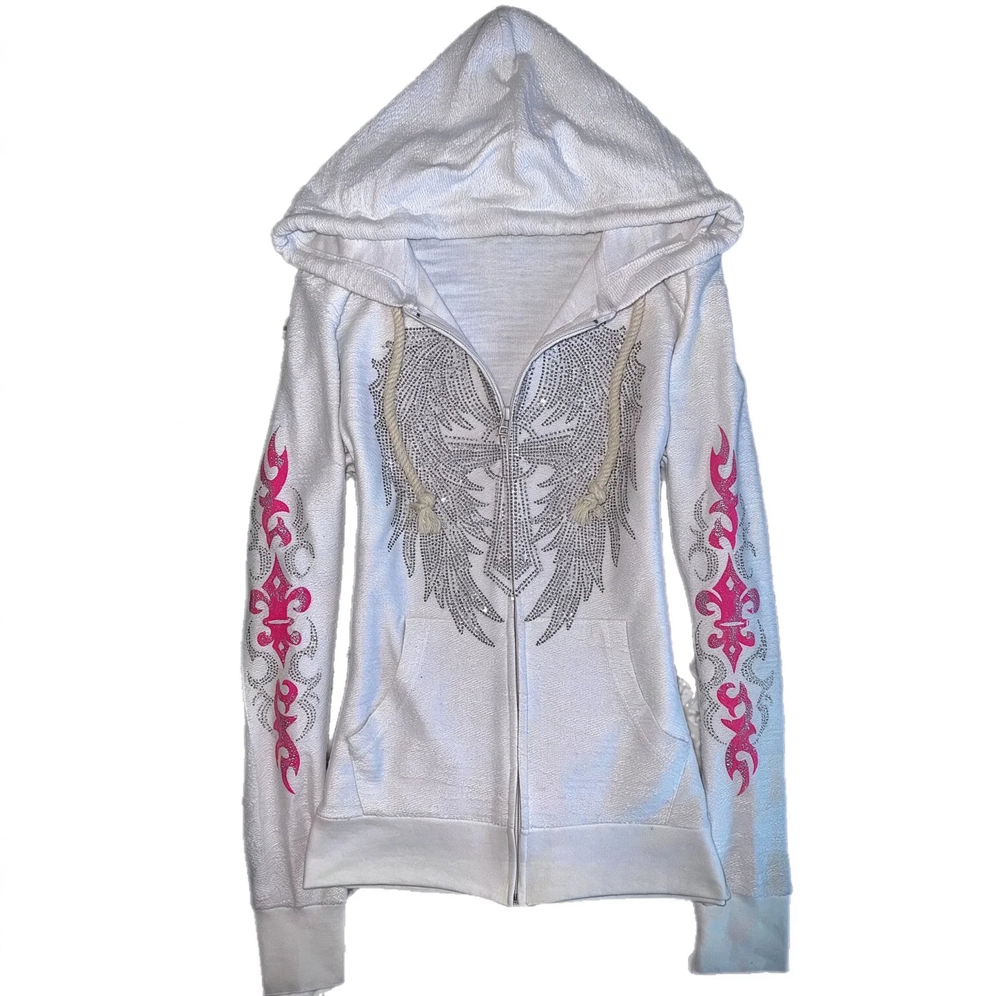 Y2K Vintage Rhinestone Hooded Jacket Women Silver Crystal Angel Wing Cross Zip Pink Flower Tribal Print Slim Fit Sweatshirt