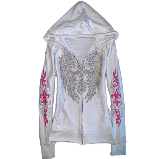 Y2K Vintage Rhinestone Hooded Jacket Women Silver Crystal Angel Wing Cross Zip Pink Flower Tribal Print Slim Fit Sweatshirt