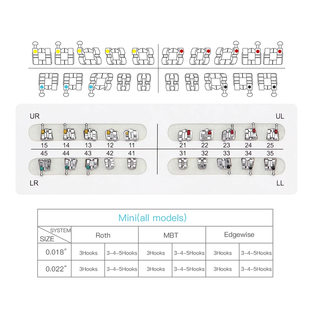 1pack AZDENT Dental Orthodontic Brackets  Mini / Standard Roth / MBT / Edgewise 022/018 Slot Hook 3/345