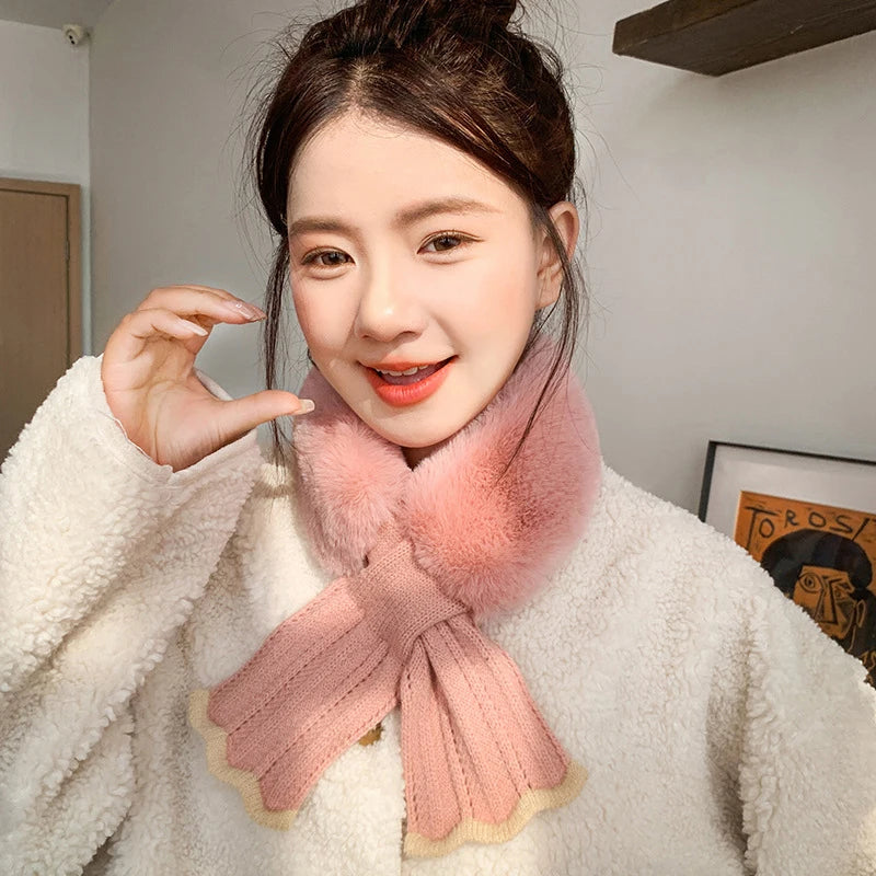 Winter Warm Cross Collar Women Scarf; Plush Thick Imitation Rabbit Fur; Windproof Neck Warmer for Outdoor Cycling