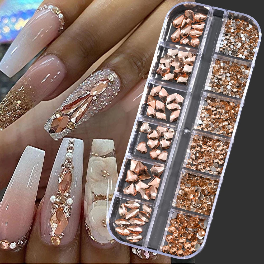 12Grids 3D Gold/Champagne Nail Art Rhinestones Mixed-Shapes Flat-Back Glass Diamonds Nails Charms Luxury DIY Manicure Decoration