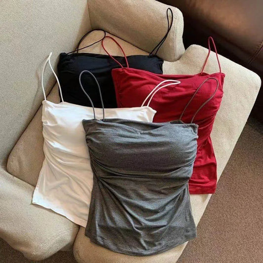 Summer Camisoles Tank Tops Women With Built In Bra Strap Tanks Vest Sleeveless Tees Cropped Top Solid Color Casual Top