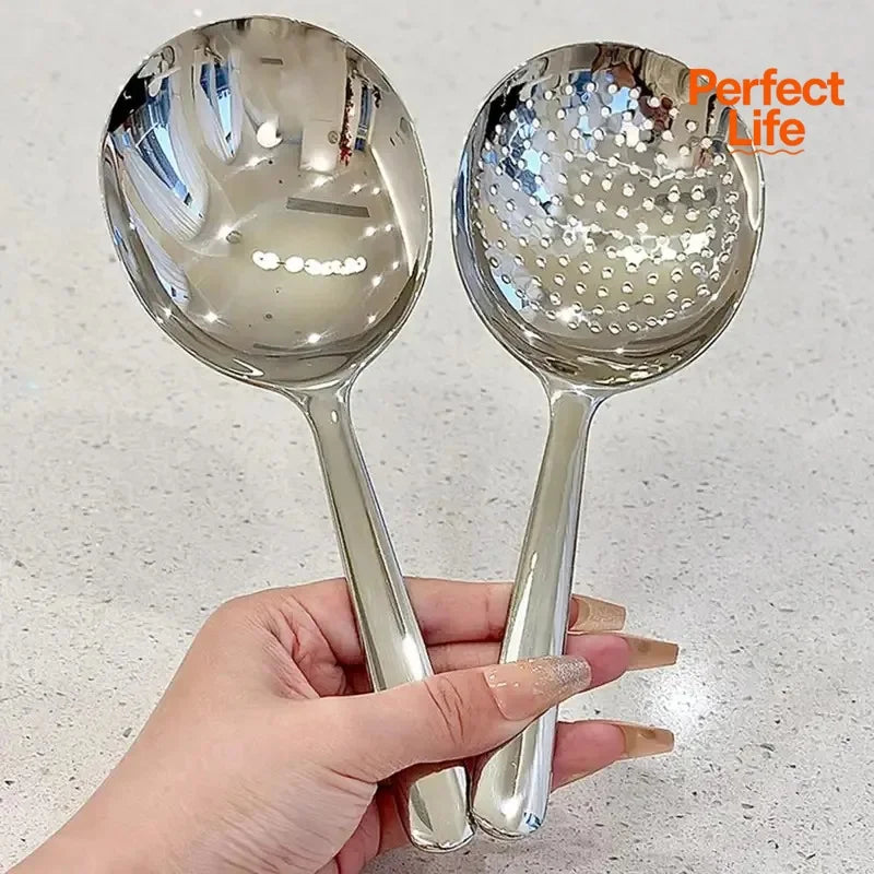 1Pc Stainless Steel Ladles For Serving Soup Rice Serving Spoon Drain Hole Heat Insulated Handle Kitchen Utensils For Daily Use