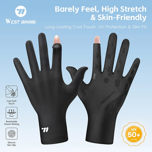 WEST BIKING Men Ice Silk Cycling Gloves UPF50+ Summer Breathable Quick Dry Full Finger Gloves Anti-slip Bike Touchscreen Gloves